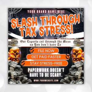 Könnte beinhalten: Eine Werbegrafik zum Thema Halloween mit orangefarbenem Text auf dunklem Hintergrund. Der Haupttext lautet "SLASH THROUGH TAX STRESS!". Weitere Texte sind "FILE NOW", "GET PAID FASTER" und "STAY STRESS-FREE".