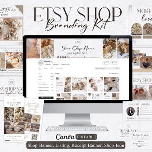 Puede incluir: Un kit de branding para tiendas Etsy que se muestra en un monitor de ordenador. Incluye banners de tienda, plantillas de listado, banners de recibos e iconos de tienda. El diseño presenta tonos neutros y el texto "Canva EDITABLE".