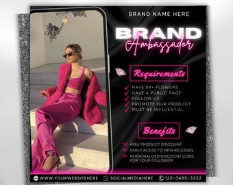 May include: A flyer for a brand ambassador program. The flyer features a woman wearing a pink outfit and a black background with pink text. The text includes the requirements and benefits of becoming a brand ambassador. The requirements include having 5,000+ followers, a public page, and promoting the brand's products. The benefits include a free product discount, early access to new releases, and a personalized discount code for followers.