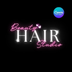 May include: A black background with the words "Beauty's HAIR Studio" in a neon pink and white font. The word "Beauty's" is in cursive, and the word "HAIR" is in a bold, capital letter font. The word "Studio" is in cursive. A small, round, blue and purple Canva logo is in the upper right corner.