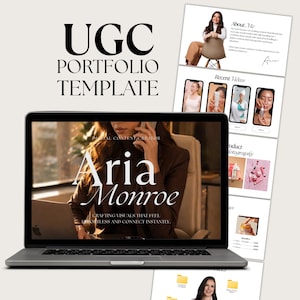 May include: A laptop displaying a UGC Portfolio Template with the name "Aria Monroe" and the text "Crafting visuals that feel effortless and connect instantly." Additional pages showcase recent videos and product photography.