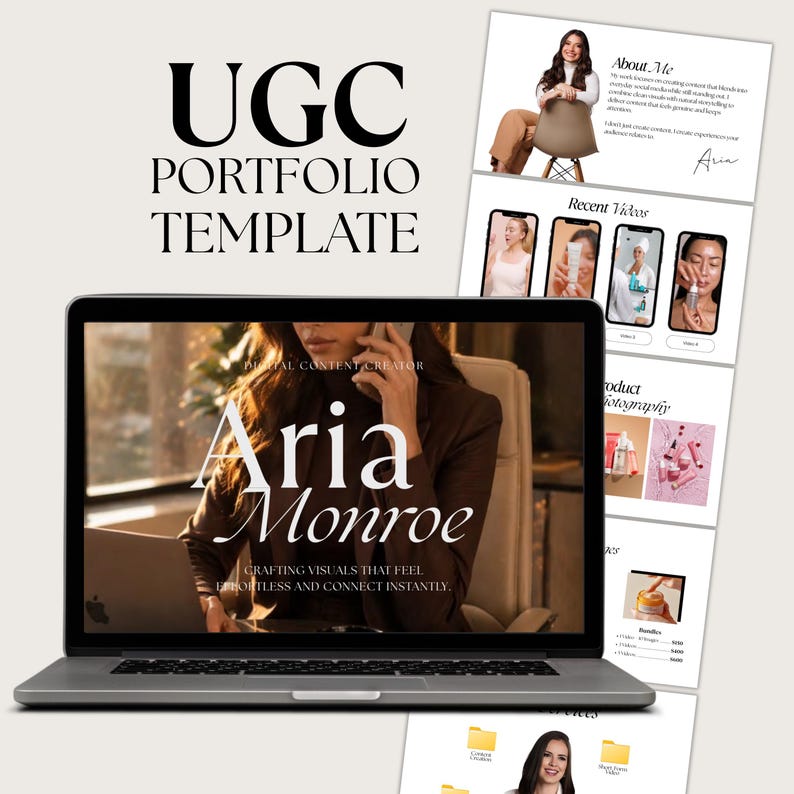 May include: A laptop displaying a UGC Portfolio Template with the name "Aria Monroe" and the text "Crafting visuals that feel effortless and connect instantly." Additional pages showcase recent videos and product photography.