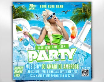 Flyer zwembadfeest, flyer zomerfeest, flyer zomerfeest strandfeest, uitnodiging dj-feest, flyer zomervakantie, flyer zomerfeest, flyer zomerevenement, canvas bewerkbaar
