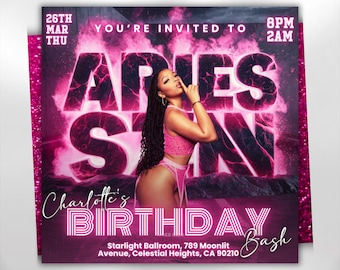 Aries Birthday Flyer, Birthday Flyer Templates, Girl Birthday Party Flyer, Celebration Flyer, Zodiac Birthday Event Flyer Invitation