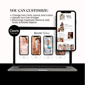 May include: A laptop and smartphone display a website design. The laptop screen shows a website with video thumbnails. The smartphone displays a website with the name "Aria Monroe". Text on the screen says "YOU CAN CUSTOMIZE:" and "Recent Videos".