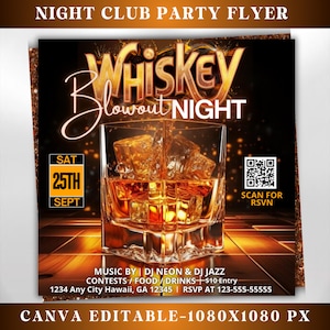 Whiskey Party Flyer, Night Club Flyer, DJ Party Invitation, Drink Party Flyer, Saturday party, Canva Editable Template, Instant Download