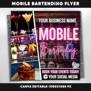 Volantino per barman mobile, fai da te Mixologist Barman Servizi di bevande Pianificazione di eventi per feste Noleggio Social media Instagram Canva Modello modificabile