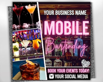 Mobile Bartending Flyer, DIY Mixologist Bartender Drink Services Party Event Planning Rental Social Media Instagram Canva Editable  Template