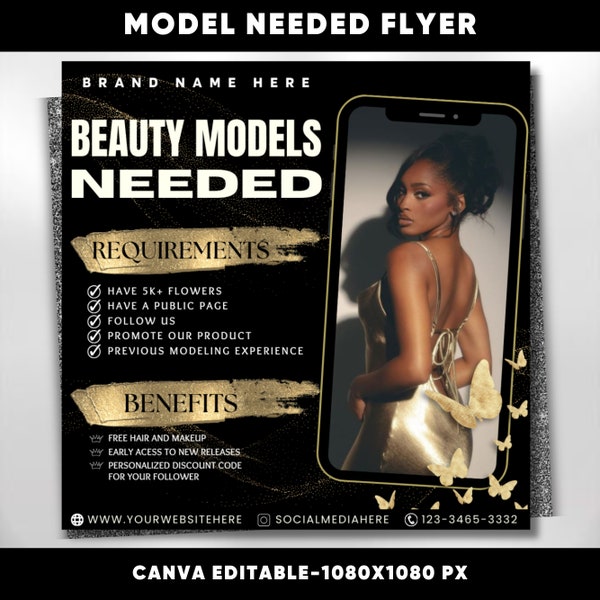 Schoonheidsmodellen gezocht flyer, modellen nodig flyer, gezocht merkbeïnvloeder, merkambassadeur flyer, DIY Canva-sjabloon, haarwimpervlecht make-up