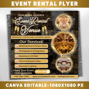 Peut inclure: Flyer de location d'événements doré et noir avec le texte "Event Rental Venue". Le flyer comprend des images de configurations d'événements et répertorie des services tels que la décoration de mariage, la photographie et l'éclairage. Le flyer comprend également des coordonnées.