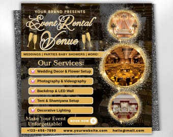 Event Space Rentals Flyer, Venue Deals Flyer, Event Space Booking Flyer, Event Rental Advertisement, Event Hosting, Canva Editable Template
