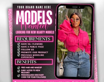 Models Wanted Flyer, Beauty Models Needed Flyer, Wanted Brand Influencer, Brand Ambassador Flyer, DIY Canva Template, Hair Lash Braid Makeup
