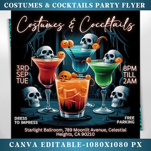 Può includere: Un volantino per una festa di Halloween con sfondo scuro e teschi. Il volantino pubblicizza una festa "Costumes & Cocktails" il 3 settembre dalle 20:00 alle 2:00. Il volantino include anche l'indirizzo dell'evento: Starlight Ballroom, 789 Moonlit Avenue, Celestial Heights, CA 90210.