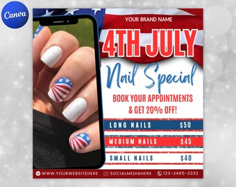 4th of July Flyer, 4th of July Nails Deal Flyer, Independence Day Flyer, DIY Flyer Template, Social Media Post, Canva Flyer,Instant Download
