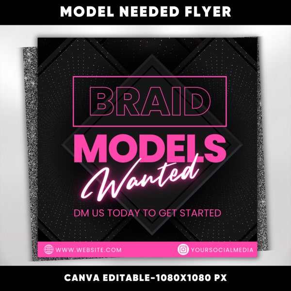 Models Wanted Flyer, Beauty Models Needed Flyer, Wanted Brand Influencer, Brand Ambassador Flyer, DIY Canva Template, Hair Lash Braid Makeup