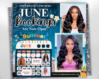 June booking flyer, June Diy flyer canva templates, Book now flyers, June Bookings Hair Braid Makeup MUA Lash Estheticians, Instant download