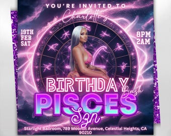 Pisces Birthday Flyer, Pisces Flyer, Birthday flyer, Pisces Bash Flyer, Bday Flyer, Birthday Event, Invitation Flyer, Canva Template