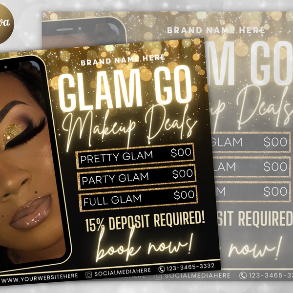Editable Glam Go Makeup Special Deals Template, Custom Makeup Pricing Flyer, Beauty business Canva Template, Book Now Makeup Artist Flyers