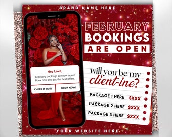 February Booking Flyer, Valentines Day Hair Flyer, Valentines Day Flyer, Canva Template, Book Now Appointments, Beauty, Lashes, Makeup Nails