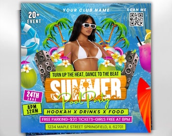 Flyer zwembadfeest, flyer zomerfeest, flyer zomerfeest strandfeest, uitnodiging dj-feest, flyer zomervakantie, flyer zomerfeest, flyer zomerevenement, canvas bewerkbaar