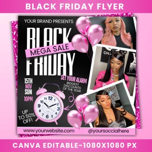 Panfleto de Black Friday, folheto de liquidação de Black Friday, reservas de sexta-feira, negócios de cabelo, unhas, cílios, tranças, boutique, modelo editável do Canva