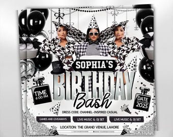 Black and White Happy Birthday Flyer, Editable Birthday Bash Flyer, Birthday Girl Invitation, Birthday Bash Party, Birthday Dinner flyer