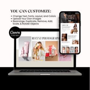 May include: A laptop and smartphone display a website design with the text "YOU CAN CUSTOMIZE: Change Text, Fonts, Layout, and Colors..." The laptop screen shows beauty products and a woman. The smartphone shows a website with the name "Scarlett Monroe".