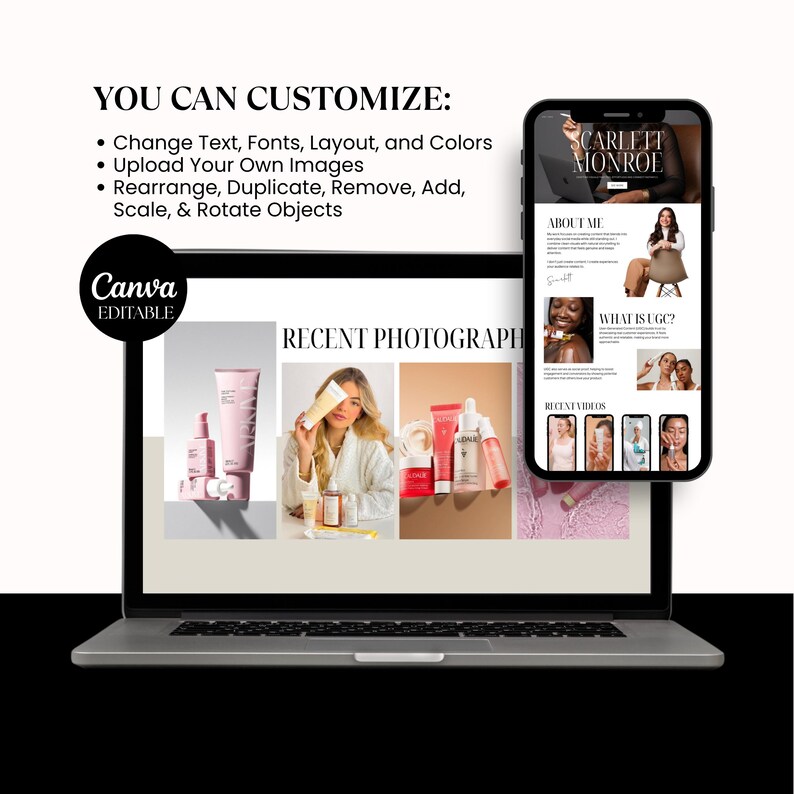 May include: A laptop and smartphone display a website design with the text "YOU CAN CUSTOMIZE: Change Text, Fonts, Layout, and Colors..." The laptop screen shows beauty products and a woman. The smartphone shows a website with the name "Scarlett Monroe".