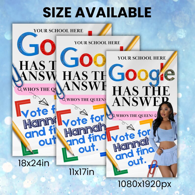 K&ouml;nnte beinhalten: Drei verschiedene Gr&ouml;&szlig;en eines druckbaren Posters mit einem Google-Logo und dem Text "Google hat die Antwort" in Schwarzwei&szlig;. Das Poster zeigt auch eine farbenfrohe Illustration einer Frau mit dem Text "Stimmen Sie f&uuml;r Hannah und finden Sie es heraus" in Gr&uuml;n, Rot und Blau. Das Poster ist in den Gr&ouml;&szlig;en 46x61 cm, 28x43 cm und 1080x1920 Pixel erh&auml;ltlich.
