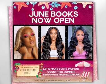 June booking flyer, June Diy flyer canva templates, Book now flyers, June Bookings Hair Braid Makeup MUA Lash Estheticians, Instant download