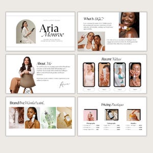 May include: A digital content creator's presentation with the name "Aria Monroe" in elegant script. The presentation includes sections on User Generated Content, recent videos, brands worked with, and pricing packages. The color scheme is primarily white and beige.