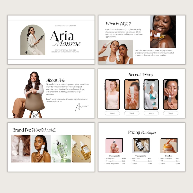 May include: A digital content creator's presentation with the name "Aria Monroe" in elegant script. The presentation includes sections on User Generated Content, recent videos, brands worked with, and pricing packages. The color scheme is primarily white and beige.