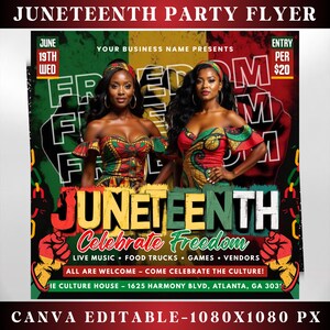Puede incluir: Un folleto de fiesta del Juneteenth con dos mujeres con vestidos coloridos. El folleto tiene las palabras "Juneteenth" y "Celebrate Freedom" en negrita. También enumera música en vivo, food trucks, juegos y vendedores. El folleto es editable en Canva.