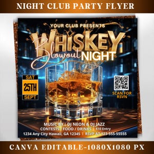 Whiskey Party Flyer, Night Club Flyer, DJ Party Invitation, Drink Party Flyer, Saturday party, Canva Editable Template, Instant Download
