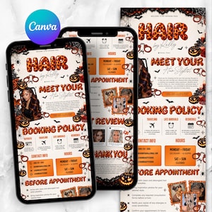 Puede incluir: Una plantilla de página de reserva digital para peluquería con temática de Halloween, con texto en estampado de leopardo naranja, calabazas, arañas y esposas. El diseño incluye secciones para información de contacto, horarios y políticas.