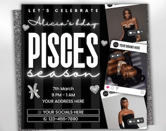 Pisces Birthday Flyer, Pisces Flyer, Birthday flyer, Pisces Bash Flyer, Bday Flyer, Birthday Event, Invitation Flyer, Canva Template