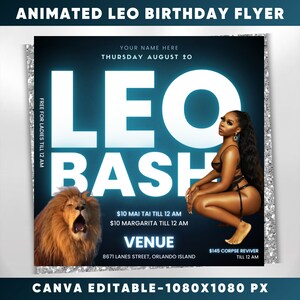 Leo Birthday Flyer, Animated Birthday Invitation, Birthday Girl invite, Leo Party Flyer, Celebration Flyer, Canva Editable Template