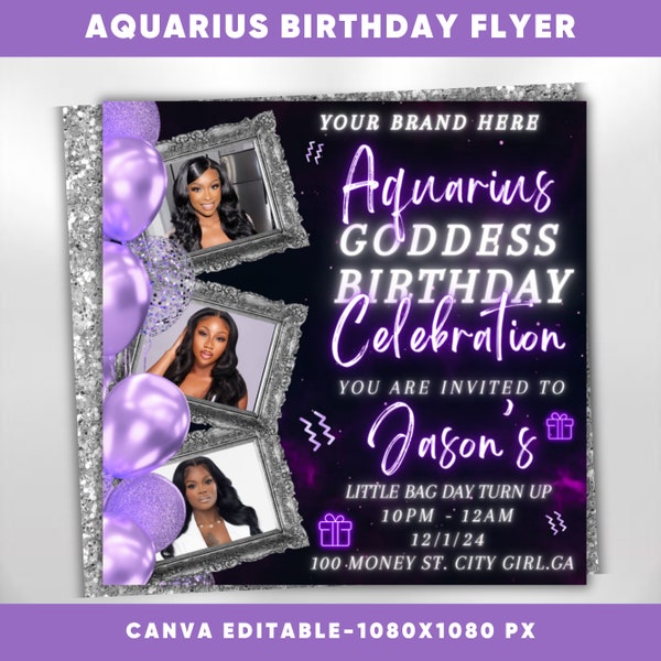 Aquarius Birthday Flyer, Aquarius Bash Flyer, Birthday flyer, Birthday Girl, Party Flyer, Celebration Flyer, Birthday Event, Birthday Invite