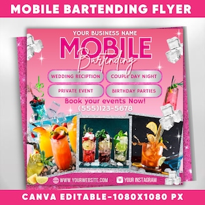 Volantino per barman mobile, fai da te Mixologist Barman Servizi di bevande Pianificazione di eventi per feste Noleggio Social media Instagram Canva Modello modificabile