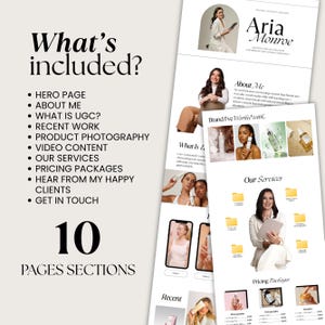 May include: A digital content creator's portfolio layout with the name "Aria Monroe" at the top. The design includes sections for services, pricing, and client testimonials. The words "What's included?" and "10 PAGES SECTIONS" are also visible.