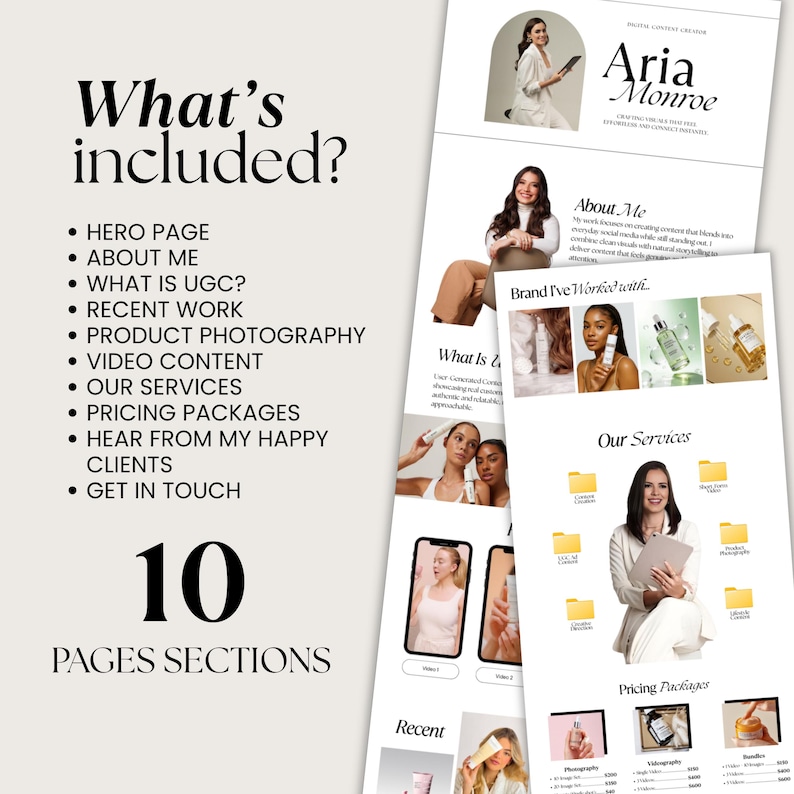 May include: A digital content creator's portfolio layout with the name "Aria Monroe" at the top. The design includes sections for services, pricing, and client testimonials. The words "What's included?" and "10 PAGES SECTIONS" are also visible.