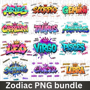 12 Sternzeichen PNG Bundle, Horoskopdesigns für Sublimation, druckbare Astrologie Zeichen PNG Bundle, Airbrush Sternzeichen Kunst für Shirts und Kunsthandwerk Bild 1