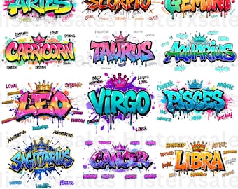 12 Zodiac PNG Bundle, Horoscope Designs for Sublimation, Printable Astrology Signs PNG Bundle, Airbrushed Zodiac Art for Shirts and Crafts