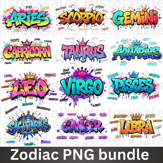 Zodiac PNG Bundle,Gemini Zodiac Graffiti PNG BundleHoroscope Designs for SublimationPrintable Astrology Signs Bundle Zodiac Art for Shirt