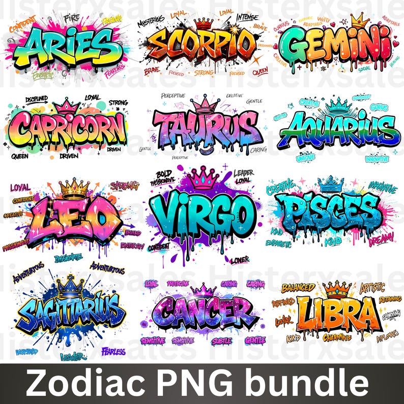 12 Sternzeichen PNG Bundle, Horoskopdesigns für Sublimation, druckbare Astrologie Zeichen PNG Bundle, Airbrush Sternzeichen Kunst für Shirts und Kunsthandwerk Bild 1