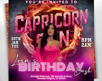 Capricorn Birthday Flyer, Birthday Girl, Happy Birthday Flyer, Capricorn Season, Capricorn Party, Celebration Flyer, Canva Template Editable