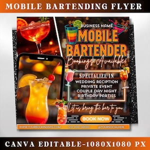 Volantino per barman mobile, fai da te Mixologist Barman Servizi di bevande Pianificazione di eventi per feste Noleggio Social media Instagram Canva Modello modificabile