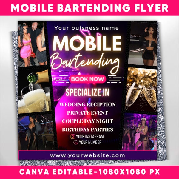 Mobile Bartending Flyer, DIY Flyer Template Design, Bar Flyer, Bartender Flyer, Mixologist Flyer, Social Media Flyer, Premade Editable Flyer