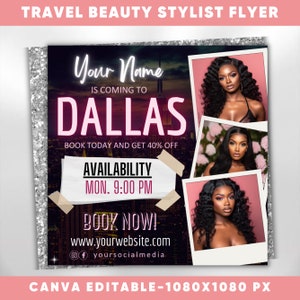 Travel Beauty Stylist Flyer, Traveling Business Flyer, DIY Book Now Appointments, Traveling Hairstylist, Editable Canva Template