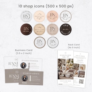 Puede incluir: Un conjunto de elementos de marca, que incluye diez iconos de tienda, tarjetas de visita (8,9 x 5,1 cm) y tarjetas de mostrador (10,2 x 22,9 cm). Los iconos muestran "BN" y "Brand Name". Las tarjetas de visita muestran el nombre "Jennifer Marshal". Las tarjetas de mostrador tienen el texto "Headline Here" y "Your Name Here".
